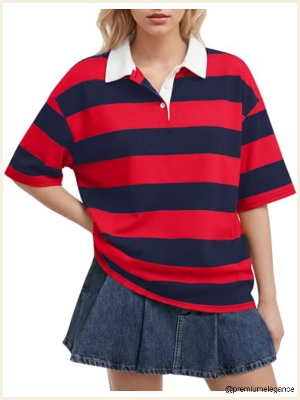 Women's Striped Rugby Polo Shirt Oversized Short Sleeve Lapel V Neck Tee - Picture 1 of 5